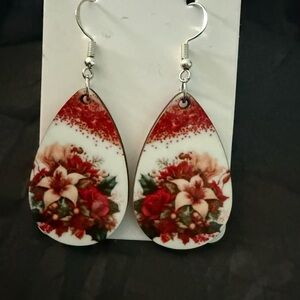 Floral Teardrop Earrings - Red and White